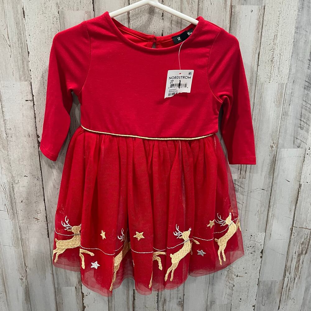 New! Zunie Red Christmas Long Sleeve Glitter Reindeer Dress 18 Months Tulle